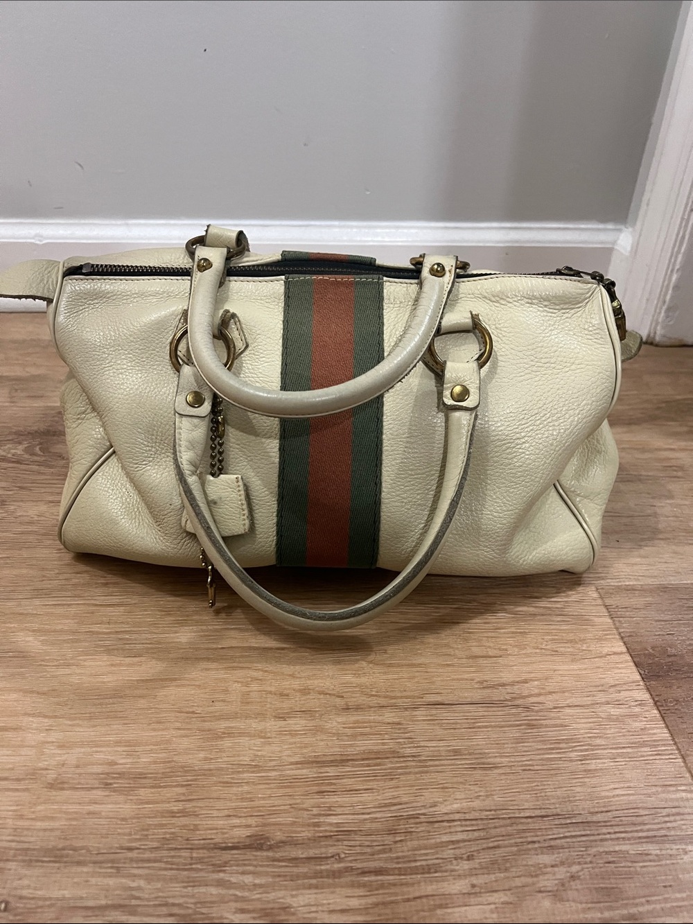 Vintage Park Lane Cream Leather Satchel with Green and Rust Center Stripe